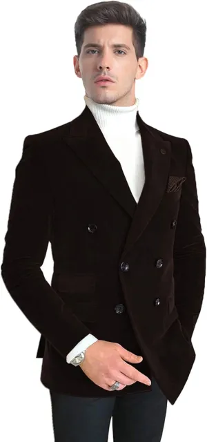 Wemaliyzd Men's Double Breasted Blazer Leisure Peak Lapel Velvet Suit Jacket Dinner Party