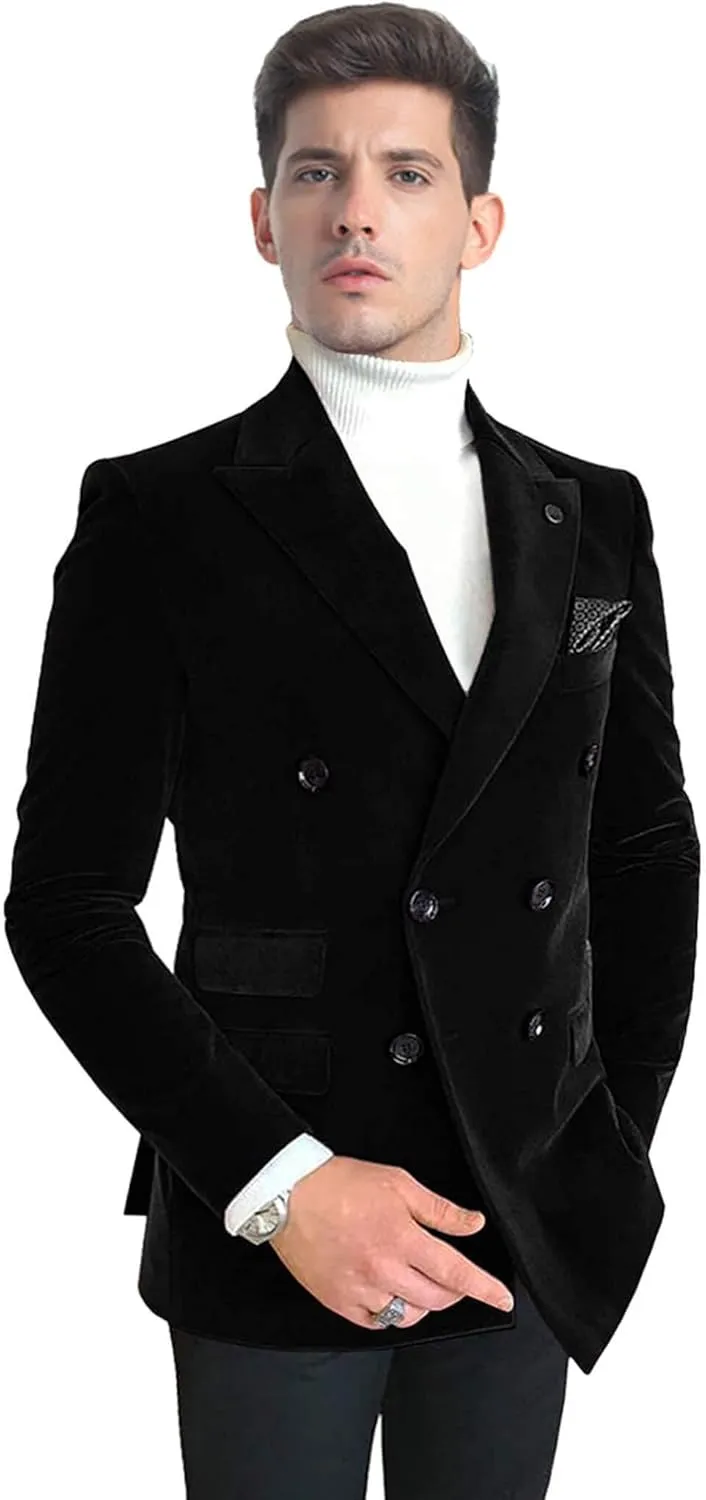 Wemaliyzd Men's Double Breasted Blazer Leisure Peak Lapel Velvet Suit Jacket Dinner Party