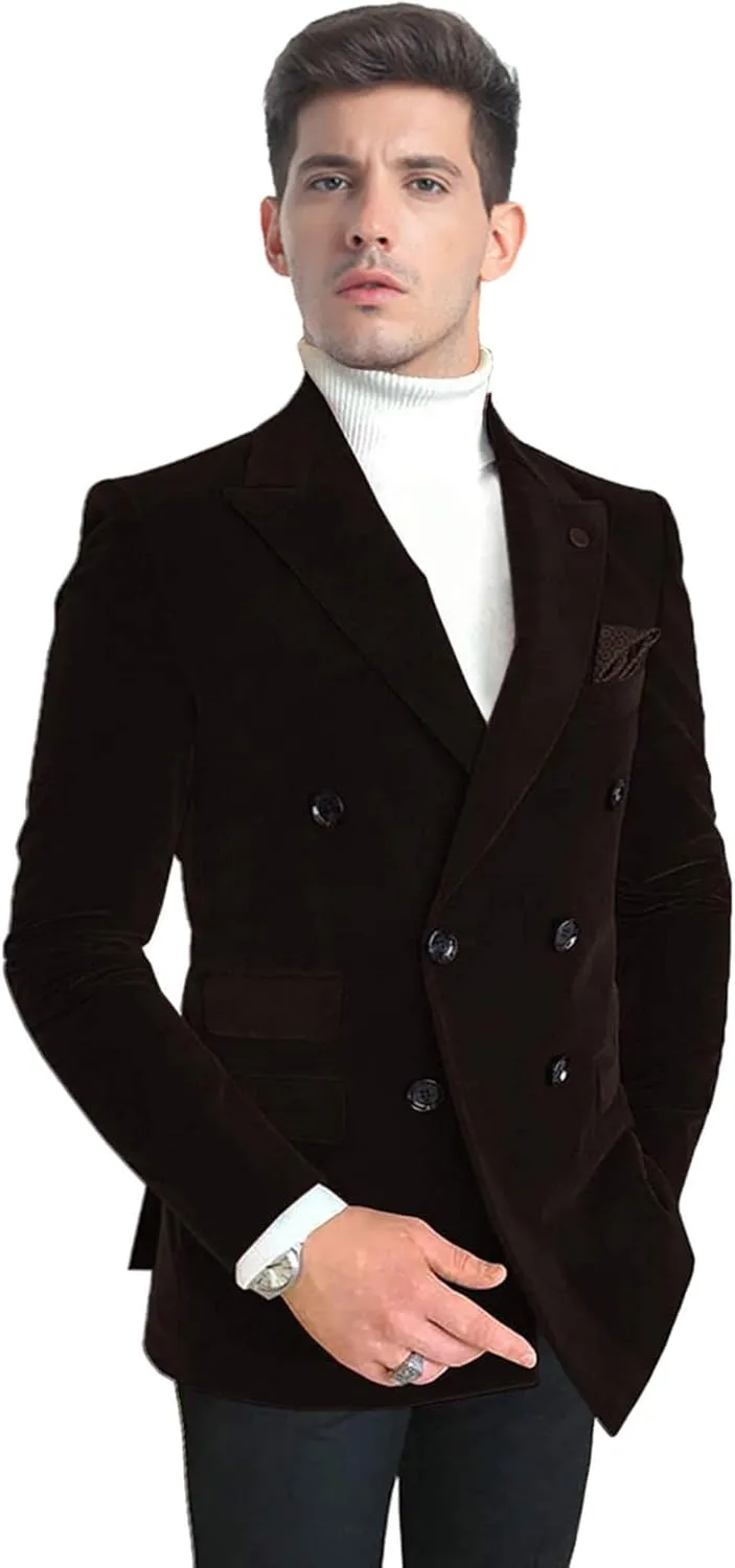 Wemaliyzd Men's Double Breasted Blazer Leisure Peak Lapel Velvet Suit Jacket Dinner Party