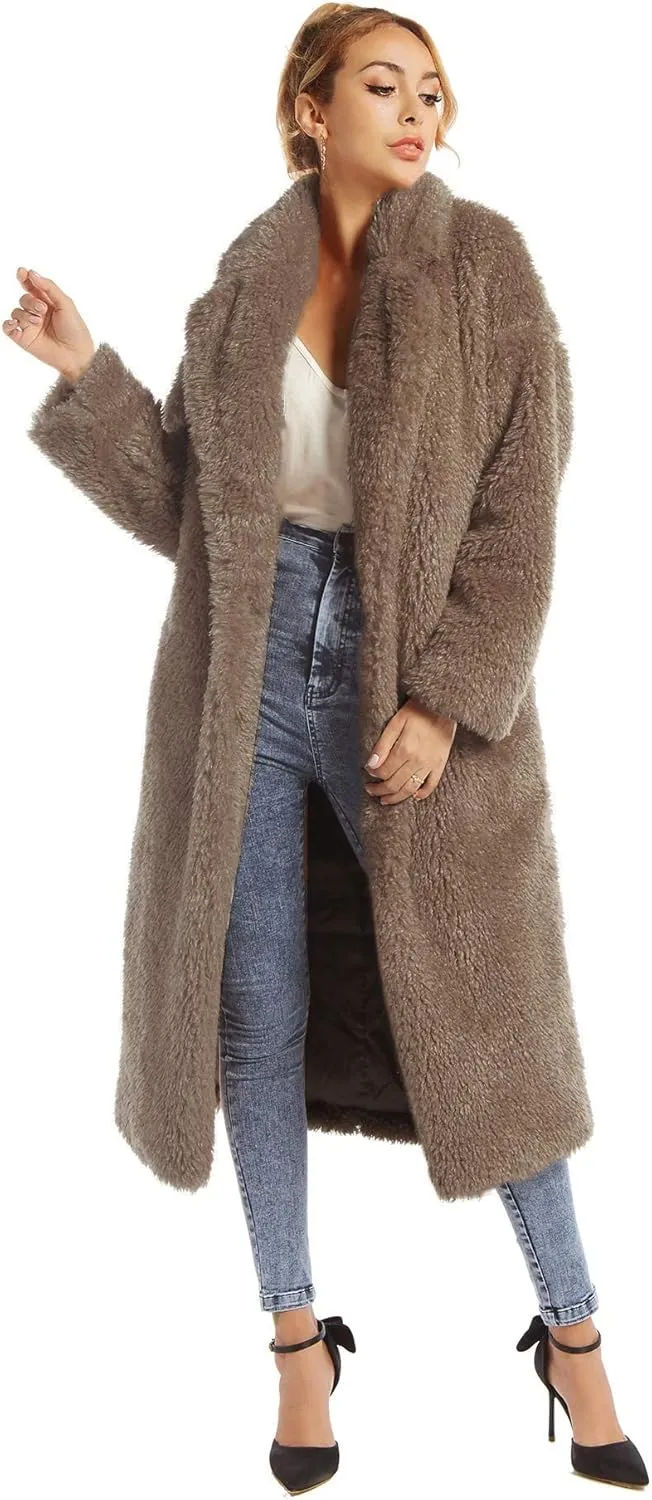 Women Faux Fur Winter Coats Comfort Warm Outerwear Open Front Long Cardigan Overcoat Jacket