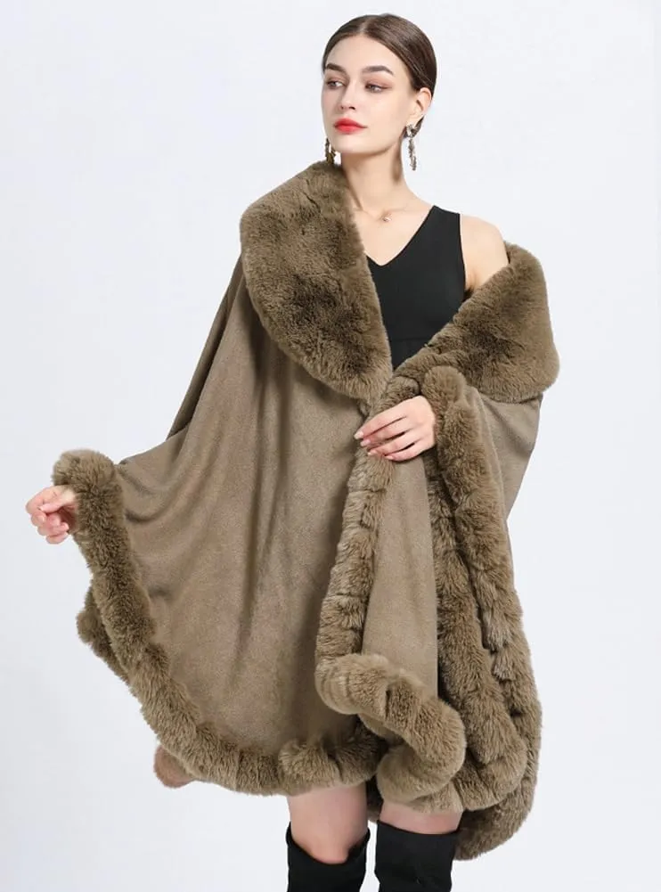 Women Poncho Cape Faux Fur Collar Knitted Cardigan Sweater Batwing Long Sleeve Shawl Wrap Coat Oversized Cloak