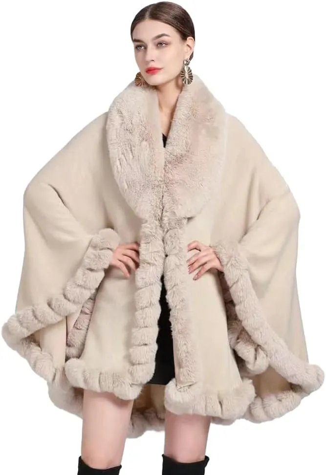Women Poncho Cape Faux Fur Collar Knitted Cardigan Sweater Batwing Long Sleeve Shawl Wrap Coat Oversized Cloak
