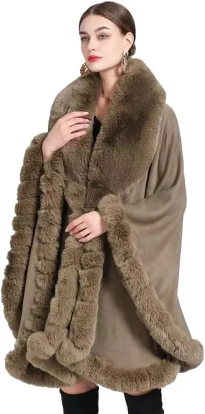 Women Poncho Cape Faux Fur Collar Knitted Cardigan Sweater Batwing Long Sleeve Shawl Wrap Coat Oversized Cloak