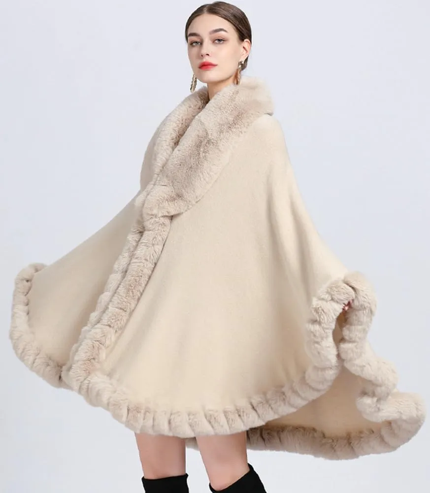 Women Poncho Cape Faux Fur Collar Knitted Cardigan Sweater Batwing Long Sleeve Shawl Wrap Coat Oversized Cloak