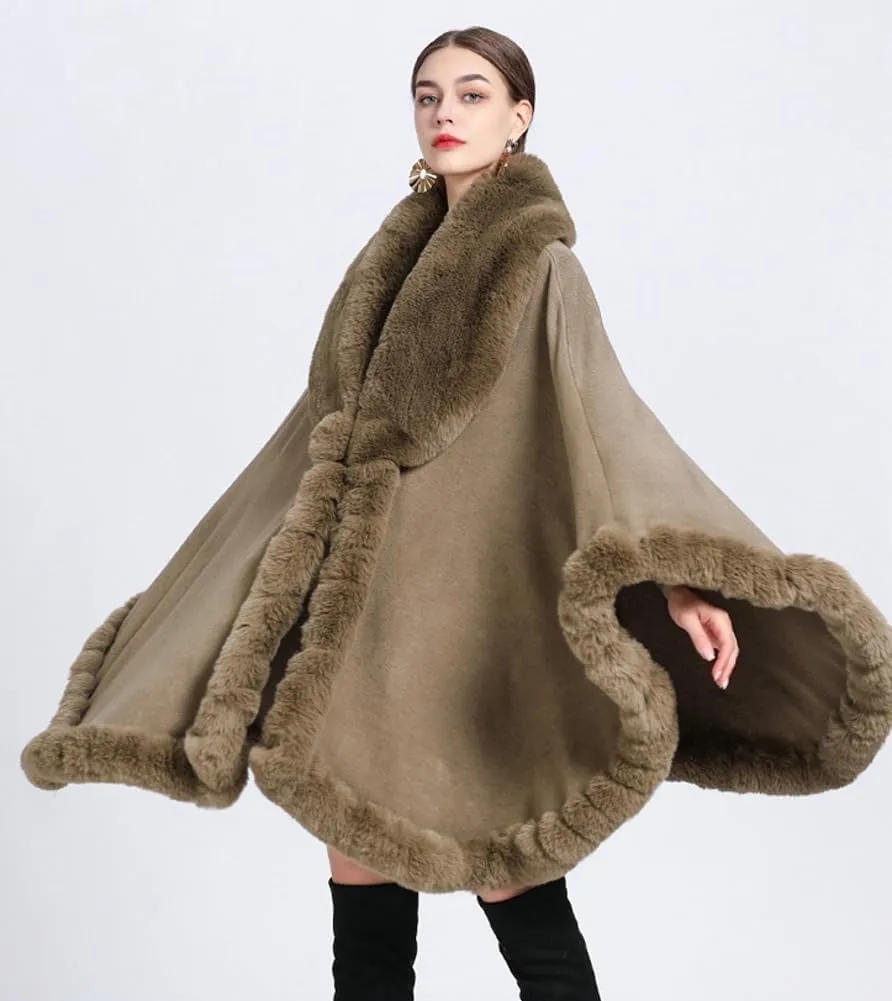 Women Poncho Cape Faux Fur Collar Knitted Cardigan Sweater Batwing Long Sleeve Shawl Wrap Coat Oversized Cloak