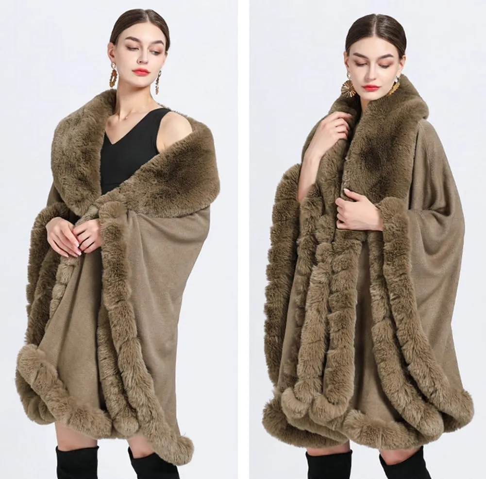 Women Poncho Cape Faux Fur Collar Knitted Cardigan Sweater Batwing Long Sleeve Shawl Wrap Coat Oversized Cloak