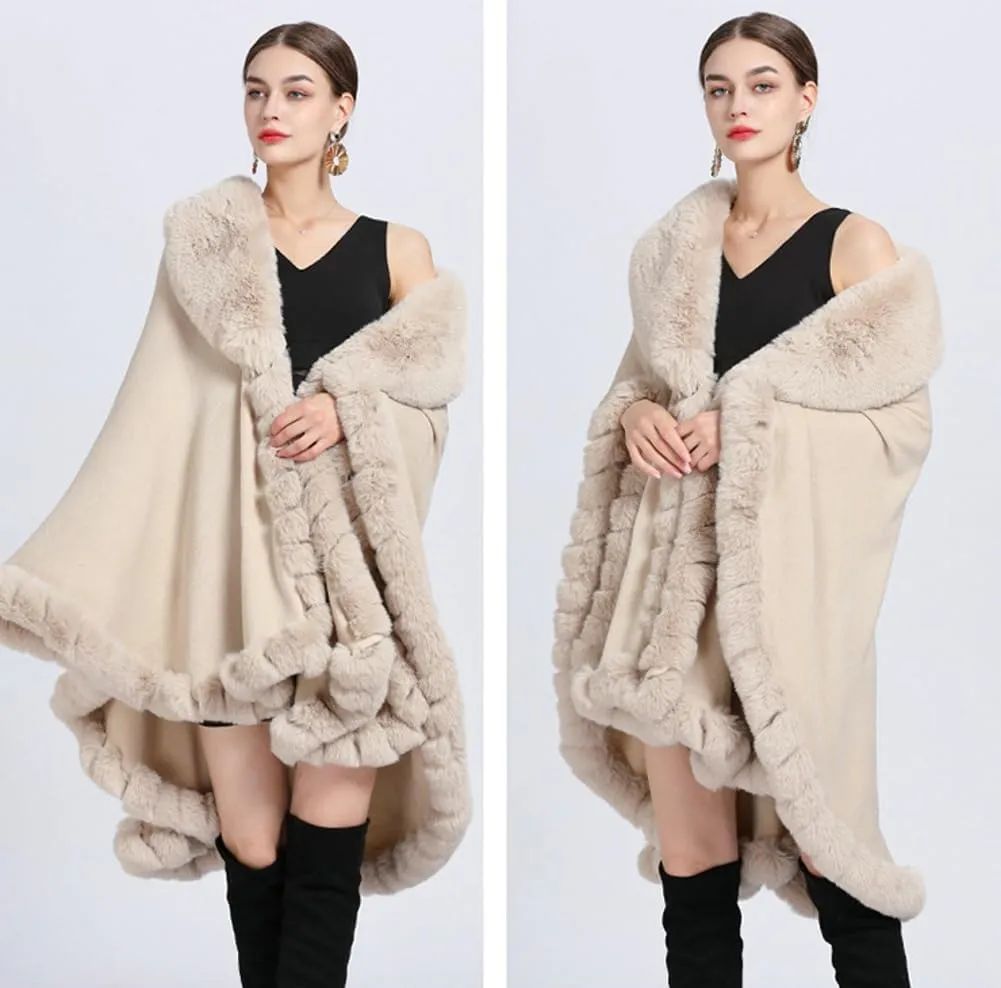Women Poncho Cape Faux Fur Collar Knitted Cardigan Sweater Batwing Long Sleeve Shawl Wrap Coat Oversized Cloak
