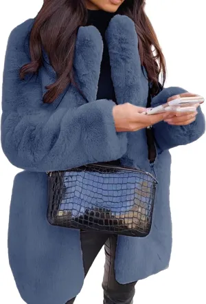 Womens Faux Fur Long Coats Warm Winter Outwear Fleece Overcoat Open Front Long Cardigan Jacket with Pockets