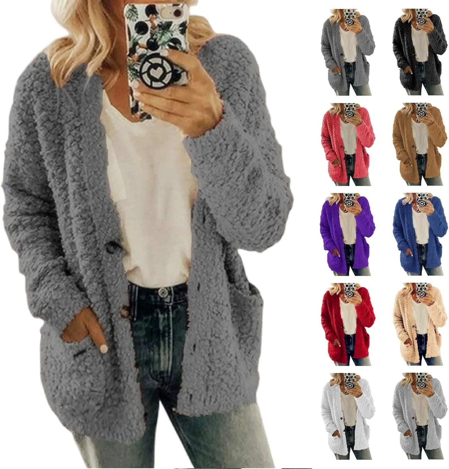 Womens Fuzzy Popcorn Long Sleeve Button Knit Cardigan Oversized Sherpa Sweater Lightweight Plus Size Winter Coat
