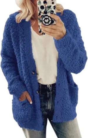 Womens Fuzzy Popcorn Long Sleeve Button Knit Cardigan Oversized Sherpa Sweater Lightweight Plus Size Winter Coat