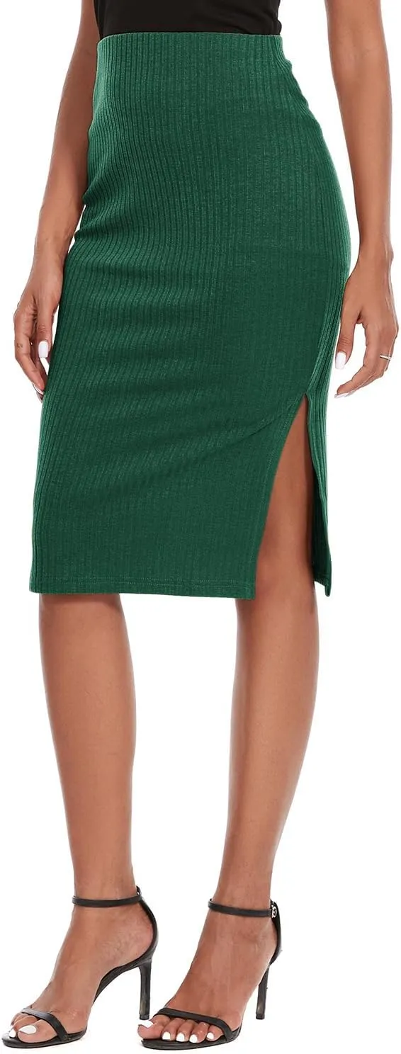 Women's Knee Length Knit Pencil Skirt Stretchy Side Slit Bodycon Midi Skirt