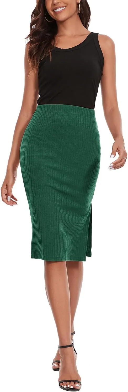 Women's Knee Length Knit Pencil Skirt Stretchy Side Slit Bodycon Midi Skirt