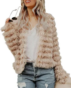 Womens Open Front Faux Fur Cardigan Vintage Parka Shaggy Jacket Coat
