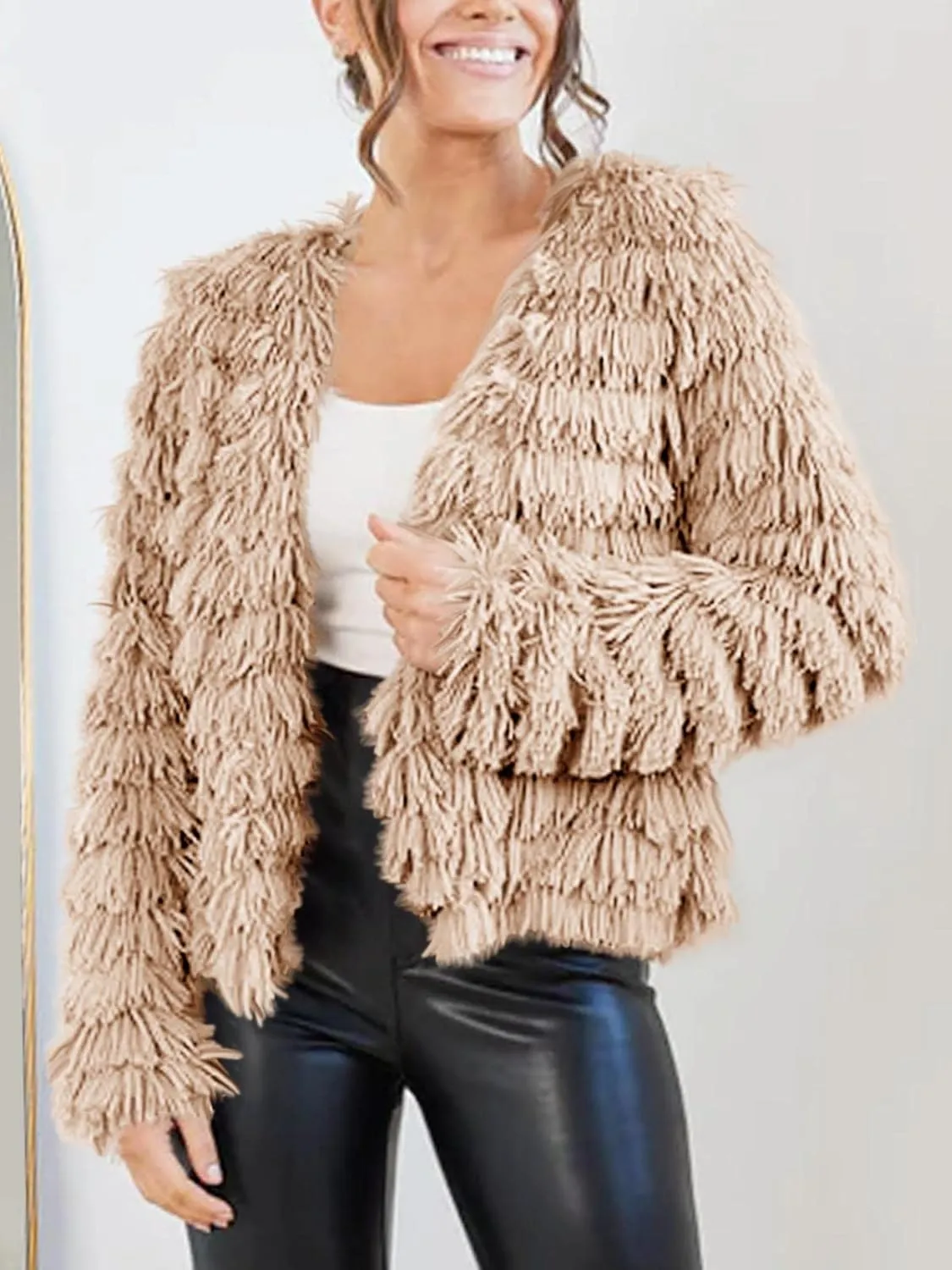 Womens Open Front Faux Fur Cardigan Vintage Parka Shaggy Jacket Coat