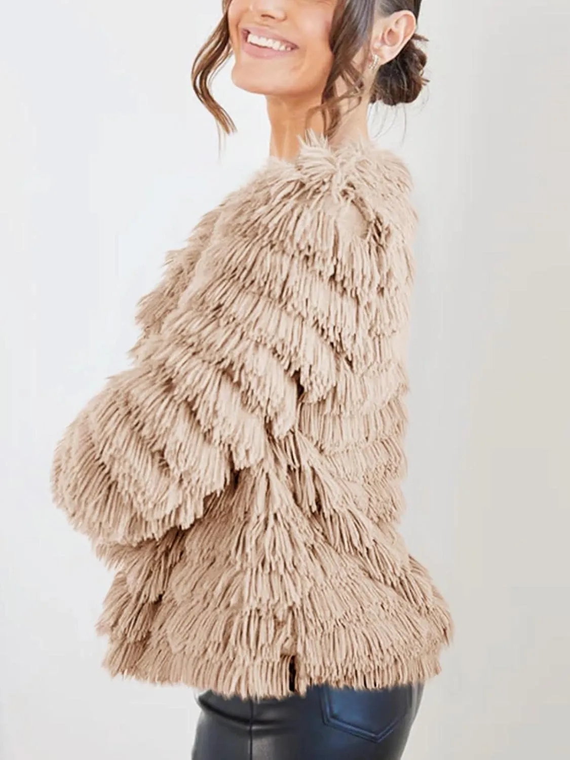 Womens Open Front Faux Fur Cardigan Vintage Parka Shaggy Jacket Coat