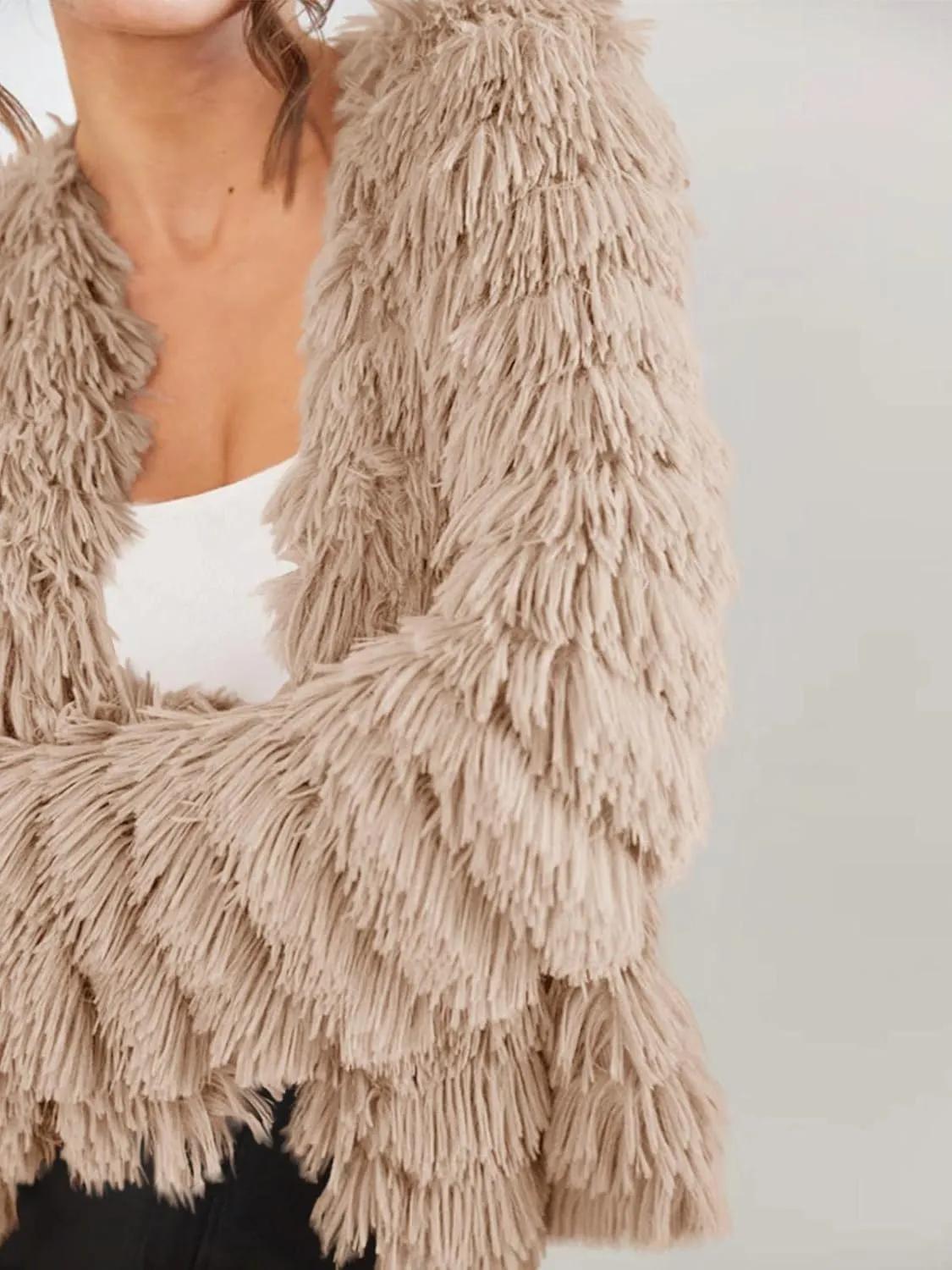 Womens Open Front Faux Fur Cardigan Vintage Parka Shaggy Jacket Coat