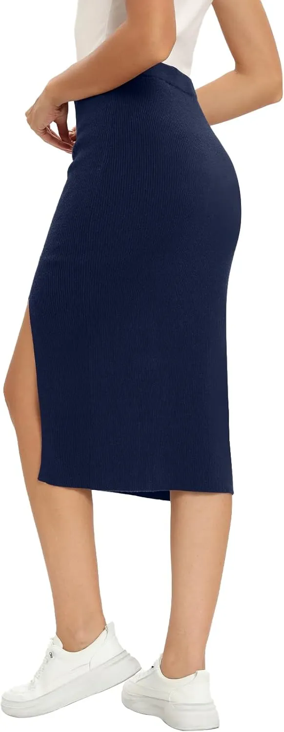 Yincro Women High Waist Slit Hem Rib Knit Bodycon Midi Skirts