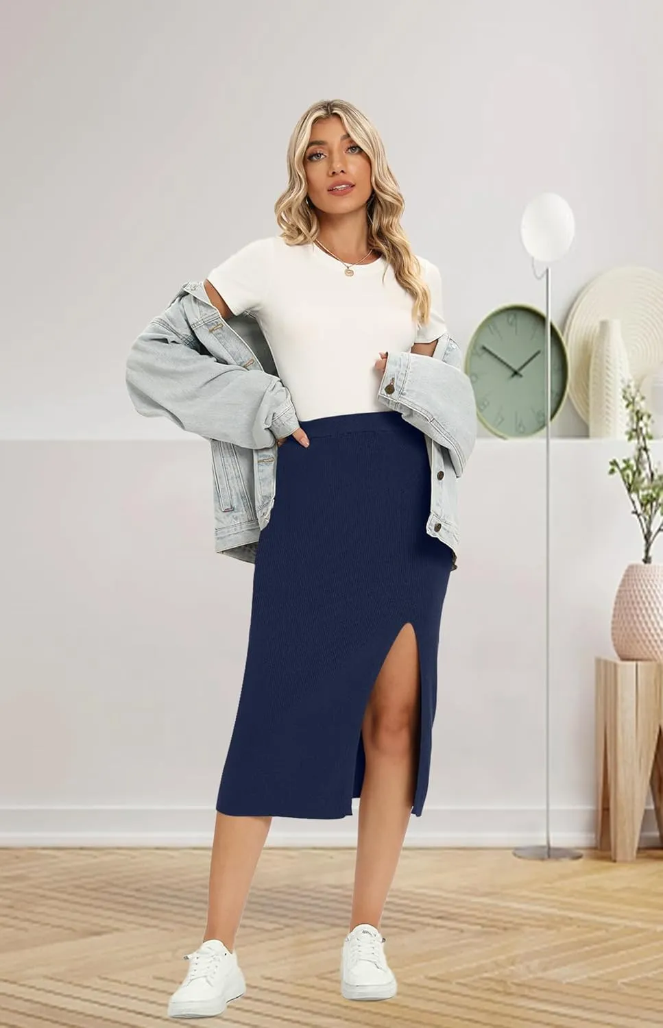 Yincro Women High Waist Slit Hem Rib Knit Bodycon Midi Skirts